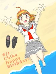 Rule 34 | 1girl, artist request, bare legs, barefoot, beach, blush, bow, braid, breasts, character name, clover hair ornament, collarbone, dated, detached sleeves, feet, female focus, grey sailor collar, grey skirt, hair bow, hair ornament, hairclip, hug, long sleeves, looking at viewer, love live!, love live! school idol festival, love live! school idol festival all stars, love live! sunshine!!, miniskirt, ocean, orange hair, outdoors, parted lips, plaid, plaid skirt, pleated, pleated skirt, red eyes, red neckwear, ribbon, sailor collar, school uniform, shirt, shoes, unworn shoes, short hair, short sleeves, side braid, single braid, skirt, small breasts, smile, solo, takami chika, tie clip, uranohoshi school uniform, white shirt, yellow bow