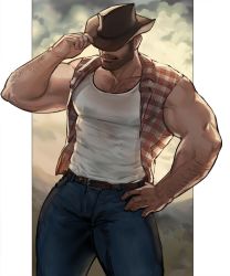 Rule 34 | 1boy, arm hair, bara, bare shoulders, beard, biceps, bulge, chest hair, covered eyes, cowboy, cowboy hat, cowboy western, denim, dopey (dopq), facial hair, feet out of frame, hand on own hip, hat, hat over eyes, highres, jeans, large pectorals, male focus, mature male, muscular, muscular male, mustache, navel, navel hair, original, pants, pectoral cleavage, pectorals, shirt, short hair, sideburns, sleeveless, sleeveless shirt, solo, tank top, thick eyebrows, thick thighs, thighs, western, wet, wet clothes, wet shirt, white tank top
