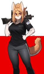 Rule 34 | 1girl, absurdres, ahoge, animal ears, artist name, blonde hair, body fur, feet out of frame, fox ears, fox girl, fox tail, frown, furry, furry female, gun, highres, holding, holding gun, holding weapon, original, pants, pgm300, ponytail, red background, red eyes, shirt, short sleeves, simple background, solo, south korean flag, standing, tail, two-tone background, watermark, weapon, white background, white fur