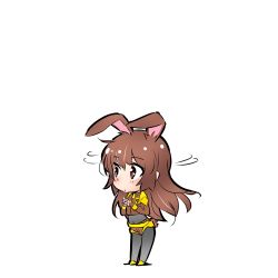 Rule 34 | 1girl, animal ears, blush, brown eyes, brown hair, chibi, extra ears, faunus (rwby), full body, hands up, highres, iesupa, long hair, long sleeves, looking to the side, matching hair/eyes, navel, own hands together, rabbit ears, rabbit girl, rabbit tail, rwby, shaking head, shorts, simple background, solo, standing, tail, velvet scarlatina, white background