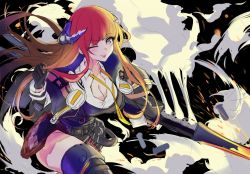 Rule 34 | 1girl, ;o, arknights, bad id, bad pixiv id, bagpipe (arknights), belt, black gloves, blonde hair, breasts, cleavage, gloves, holding, holding weapon, horns, long hair, looking at viewer, one eye closed, purple eyes, red hair, smile, solo, srpzk, steam, thighhighs, weapon