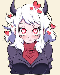 Rule 34 | 1girl, black horns, black suit, blush, breasts, cleavage, close-up, commentary request, demon girl, demon horns, formal, heart, heart-shaped pupils, helltaker, highres, horns, jin (mugenjin), large breasts, looking at viewer, medium hair, modeus (helltaker), red eyes, red sweater, ribbed sweater, simple background, solo, suit, sweater, symbol-shaped pupils, white hair