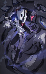 Rule 34 | 1boy, absurdres, armband, blue eyes, blue hair, clock, eyes visible through hair, full body, grey background, highres, holding, holding sword, holding weapon, holster, kenkxx, male focus, persona, persona (summon), persona 3, red armband, school uniform, short hair, sword, thanatos (persona), weapon, yuuki makoto (persona 3)