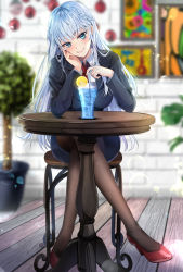Rule 34 | 1girl, black pantyhose, blue eyes, blue hair, blush, braid, breasts, cardigan, chocho (homelessfox), commentary request, crossed legs, cup, drinking glass, drinking straw, food, fruit, high heels, ice, ice cube, korean commentary, lemon, lemon slice, long hair, looking at viewer, necktie, original, pantyhose, pencil skirt, plant, potted plant, red footwear, sitting, skirt, smile, solo