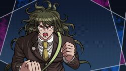 Rule 34 | 1boy, blue background, brown jacket, brown sleeves, buttons, clenched hands, collared jacket, collared shirt, danganronpa (series), danganronpa v3: killing harmony, dark-skinned male, dark skin, gokuhara gonta, green hair, green necktie, jacket, lapel pin, lapels, layered sleeves, long hair, long sleeves, looking at viewer, male focus, messy hair, necktie, notched lapels, official style, open mouth, outside border, parody, pocket, polka dot, polka dot background, red eyes, shirt, simple background, solo, straight-on, style parody, teeth, thick eyebrows, upper body, v-shaped eyebrows, very long hair, white shirt, yumaru (marumarumaru)