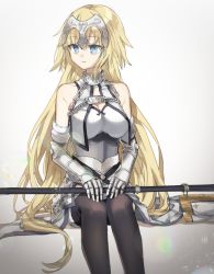 Rule 34 | 1girl, armor, armored dress, black thighhighs, blonde hair, blue eyes, breasts, chain, chibirisu, cleavage, elbow gloves, fate/grand order, fate (series), flagpole, gauntlets, gloves, jeanne d&#039;arc (fate), jeanne d&#039;arc (ruler) (fate), jeanne d&#039;arc (third ascension) (fate), large breasts, long hair, looking to the side, solo, thighhighs, very long hair