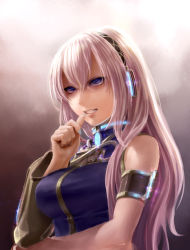 Rule 34 | 1girl, annoyed, bare shoulders, blue eyes, blue nails, breasts, crossed arms, detached sleeves, female focus, gradient background, headphones, long hair, megurine luka, nail polish, pink hair, realistic, solo, vocaloid, yahako