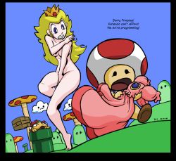 Rule 34 | 1girl, 2boys, barefoot, blonde hair, blue eyes, bowser, breasts, cleavage, clenched teeth, clothed male nude female, clothes, unworn clothes, cloud, comic, commentary, covering privates, covering breasts, covering crotch, creature, crown, dutch angle, embarrassed, english text, ian samson, legs, long hair, mario (series), monster, multiple boys, mushroom, new super mario bros. wii, nintendo, nude, nude cover, outdoors, princess peach, sky, smoking pipe, super mario bros. 1, talking, teeth, thighs, third-party edit, toad (mario), warp pipe