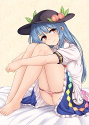 Rule 34 | 1girl, bad id, bad twitter id, bare legs, barefoot, black hat, blue hair, blue skirt, blush, closed mouth, food, frilled skirt, frills, from side, fruit, hat, hinanawi tenshi, hugging own legs, knees up, leaf, long hair, looking at viewer, looking to the side, momo retasu, nose blush, panties, panty pull, peach, pink panties, puffy short sleeves, puffy sleeves, pussy juice, rainbow order, red eyes, shirt, short sleeves, sidelocks, sitting, skirt, smile, solo, touhou, underwear, white shirt