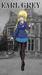 Rule 34 | 1girl, blonde hair, blue eyes, blue sweater, breasts, character name, cup, earl grey (girls und panzer), emblem, english text, girls und panzer, glasses, highres, holding, long hair, long sleeves, school uniform, sharky (sharkycast), skirt, st. gloriana&#039;s (emblem), st. gloriana&#039;s school uniform, sweater, teacup