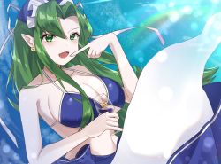 Rule 34 | 1girl, bikini, blue bikini, blue bra, blue headwear, blue sarong, blush, bow, bra, breasts, collarbone, cup, earrings, fang, ghost tail, green eyes, green hair, hat, hat bow, highres, holding, holding cup, jewelry, large breasts, long hair, midriff, milll 77, mima (touhou), navel, open mouth, pointy ears, sarong, stomach, swimsuit, touhou, touhou (pc-98), underwear, very long hair, white bow, yellow bow