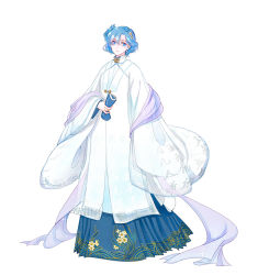 Rule 34 | 1girl, alternate costume, bishoujo senshi sailor moon, blue eyes, blue hair, chinese clothes, expressionless, floral print, flower, full body, hair flower, hair ornament, hanfu, looking at viewer, mizuno ami, riku (lingsky), short hair, simple background, solo, white background