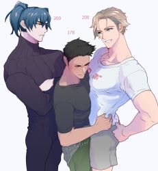 Rule 34 | 3boys, absurdres, alternate costume, ao isami, black hair, blonde hair, boy sandwich, character request, crossed arms, facial hair, height difference, highres, lewis smith, llld (2ldk1241), male focus, multiple boys, nervous sweating, pants, pectorals, sandwiched, shirt, short shorts, shorts, shy, sideburns stubble, standing, stubble, sweat, sweater, t-shirt, thick eyebrows, toned, toned male, turtleneck, turtleneck sweater, yuuki bakuhatsu bang bravern