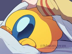 Rule 34 | among us, blanket, commentary request, crewmate (among us), dark background, holding, holding blanket, kiman, lying, on side, original, out of frame, pajamas, pillow, pov, rayman limbs, spacesuit, striped clothes, striped pajamas, they (kiman), twitter username, watermark, yellow (among us), yellow pajamas