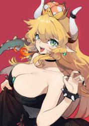 Rule 34 | 1girl, :d, bare arms, bare shoulders, black choker, black dress, black nails, blonde hair, blush, bowsette, bracelet, breasts, choker, cleavage, collarbone, crown, dress, earrings, fingernails, fire, green eyes, hair between eyes, hand up, highres, horns, jewelry, large breasts, long fingernails, long hair, looking at viewer, mario (series), mini crown, nail polish, new super mario bros. u deluxe, nintendo, open mouth, pointy ears, red background, sh (shinh), sharp fingernails, simple background, single horn, skirt hold, smile, solo, spiked bracelet, spiked tail, spikes, strapless, strapless dress, super crown, tail, tongue, upper body, very long fingernails