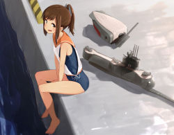 Rule 34 | 10s, 1girl, bare legs, bare shoulders, barefoot, between legs, blurry, blush, breasts, brown hair, eyebrows, from above, from side, full body, hair ornament, hairclip, hand between legs, i-401 (kancolle), japanese flag, kantai collection, legs, looking at viewer, one-piece swimsuit, open mouth, ribbon, sailor collar, school swimsuit, shadow, short hair, sidelocks, sitting, sleeveless, small breasts, smile, solo, striped, suke (momijigari), swimsuit, tan, turret, water, white ribbon, yellow eyes