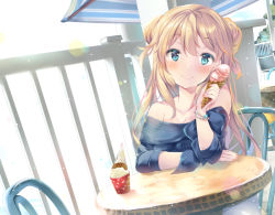 Rule 34 | 1girl, bare shoulders, blonde hair, blue eyes, blue shirt, blush, bracelet, breasts, cleavage, closed mouth, collarbone, colored eyelashes, day, double bun, dutch angle, food, hair bun, holding, holding food, ice cream, ice cream cone, ice cream cup, jewelry, lens flare, long hair, long sleeves, md5 mismatch, medium breasts, nail polish, off-shoulder shirt, off shoulder, on chair, orange nails, original, outdoors, resolution mismatch, shirt, sitting, smile, solo, striped clothes, striped shirt, suihi, table, tareme, upper body, vertical-striped clothes, vertical-striped shirt