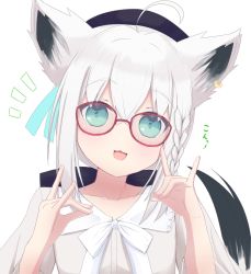 Rule 34 | 1girl, :3, :d, ahoge, animal ear fluff, animal ears, aqua eyes, beret, black hat, blouse, blush, braid, collarbone, ear piercing, fox ears, fox girl, fox shadow puppet, fox tail, glasses, hair between eyes, hat, highres, hololive, long hair, low ponytail, nanamiya natsumi, neck ribbon, notice lines, open mouth, piercing, raised eyebrows, red-framed eyewear, ribbon, sailor collar, shirakami fubuki, shirakami fubuki (street), shirt, side braid, simple background, smile, solo, tail, upper body, virtual youtuber, white background, white hair