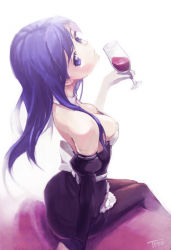Rule 34 | 1girl, alcohol, bare shoulders, blue eyes, blue hair, breasts, cleavage, collar, dream c club, dream c club (series), elbow gloves, from above, gloves, kawa akira, long hair, looking back, matching hair/eyes, pantyhose, reika (dream c club), sitting, solo, wind, wine
