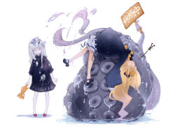 Rule 34 | 2girls, abigail williams (fate), black bow, black dress, blonde hair, bloomers, bow, dress, fate/grand order, fate (series), grey hair, holding, holding stuffed toy, holding toy, horns, kona (konahana), lavinia whateley (fate), long hair, long sleeves, looking at another, lying, mary janes, multiple girls, on back, orange bow, polka dot, polka dot bow, red eyes, red footwear, shoes, single horn, standing, stuffed animal, stuffed toy, tears, toy, water, white background, white bloomers