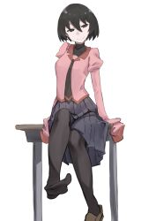 Rule 34 | 1girl, absurdres, arm support, black eyes, black hair, black necktie, black pantyhose, bob cut, breasts, bunoshii, closed mouth, collarbone, commentary, desk, empty eyes, foot out of frame, gradient background, grey skirt, hair between eyes, head tilt, highres, juliet sleeves, long sleeves, looking at viewer, monogatari (series), narrowed eyes, necktie, no shoes, on desk, oshino ougi, pale skin, pantyhose, pink shirt, pleated skirt, puffy sleeves, school desk, shirt, short hair, simple background, sitting, skirt, sleeves past fingers, sleeves past wrists, small breasts, smile, solo, turtleneck, white background