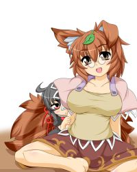 Rule 34 | 2girls, :&lt;, ahoge, animal ears, arms behind back, bad id, bad pixiv id, barefoot, black hair, blouse, blush, breasts, brown eyes, brown hair, butterfly sitting, chibi, collarbone, futatsuiwa mamizou, glasses, head tilt, hiding, holding another&#039;s arm, houjuu nue, kokujuuji, leaf, leaf on head, looking at viewer, multiple girls, object on head, open mouth, peeking out, pince-nez, puffy short sleeves, puffy sleeves, raccoon ears, raccoon tail, red eyes, shirt, short hair, short sleeves, simple background, sitting, skirt, tail, touhou, two-tone background, wings