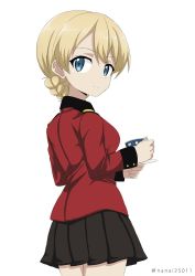 Rule 34 | 10s, 1girl, black skirt, blonde hair, blue eyes, braid, braided bun, closed mouth, commentary, cup, darjeeling (girls und panzer), epaulettes, from side, girls und panzer, hair bun, holding, holding cup, jacket, long sleeves, looking at viewer, military, military uniform, miniskirt, one-hour drawing challenge, pleated skirt, red jacket, saucer, shibagami, short hair, simple background, skirt, smile, solo, st. gloriana&#039;s military uniform, standing, teacup, uniform, white background