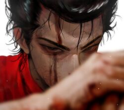 Rule 34 | 1boy, arm up, black hair, blood, blood on face, blood on hands, blurry, blurry foreground, clenched hand, close-up, commentary, covered mouth, depth of field, green eyes, kinzoku bat, korean commentary, looking at viewer, male focus, narrowed eyes, one-punch man, pompadour, red shirt, shirt, simple background, solo, ssxssss 848, sweat, white background