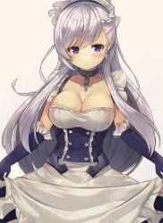 Rule 34 | 1girl, apron, azur lane, beige background, belfast (azur lane), blue dress, blue gloves, blush, braid, breasts, broken, broken chain, buttons, chain, cleavage, closed mouth, collar, collarbone, corset, dress, elbow gloves, french braid, frilled apron, frilled gloves, frills, gloves, highres, large breasts, long hair, maid apron, maid headdress, motokonut, purple eyes, silver hair, simple background, skirt hold, smile, solo, standing, very long hair, white apron