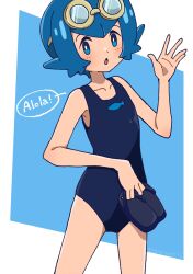 Rule 34 | 1girl, :o, animal print, bare arms, black one-piece swimsuit, blue background, blue eyes, blue hair, border, bright pupils, collarbone, commentary request, creatures (company), fish print, flip-flops, game freak, goggles, goggles on head, hand up, highres, holding, holding sandals, lana (pokemon), looking at viewer, mizu majuu (waterman10), nintendo, one-piece swimsuit, open mouth, pokemon, pokemon (anime), pokemon sm (anime), sandals, short hair, solo, speech bubble, swimsuit, white border, white pupils