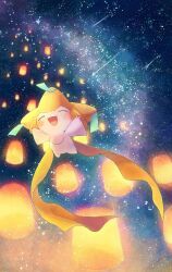Rule 34 | blush, closed eyes, comet, commentary request, creatures (company), facing viewer, flying, game freak, gen 3 pokemon, highres, jirachi, lantern, legendary pokemon, milky way, mythical pokemon, night, night sky, nintendo, no humans, open mouth, outdoors, outstretched arms, paper lantern, pokemon, pokemon (creature), remon (920moomin), sky, sky lantern, smile, solo, spread arms, star (sky), starry sky