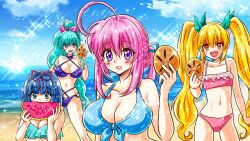 4girls ahoge beach bikini blue_bikini blue_hair blush blush_stickers breasts cleavage drooling eating eyebrows_hidden_by_hair fang food frilled_bikini frills fruit green_eyes green_hair green_ribbon hair_between_eyes hair_ribbon holding holding_food holding_water_gun ideura_shizuri_(neet_de_otaku_na_kunoichi_to_naze_ka_dousei_hajimemashita) izumi_hina_(neet_de_otaku_na_kunoichi_to_naze_ka_dousei_hajimemashita) large_breasts lips long_hair looking_at_viewer momochi_ayame_(neet_de_otaku_na_kunoichi_to_naze_ka_dousei_hajimemashita) multiple_girls natsumi_kanna_(neet_de_otaku_na_kunoichi_to_naze_ka_dousei_hajimemashita) navel neet_de_otaku_na_kunoichi_to_naze_ka_dousei_hajimemashita ocean official_art open_mouth orange_eyes pink_bikini pink_eyes pink_hair pink_ribbon purple_bikini purple_eyes ribbon second-party_source shoko-tan smile sparkle stomach swimsuit twintails upper_body very_long_hair water_gun watermelon watermelon_slice