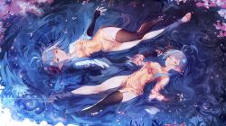 Rule 34 | 2girls, artist name, asymmetrical clothes, breasts, cherry blossoms, elf, closed eyes, fingerless gloves, from above, garter straps, gloves, hairband, heterochromia, high heels, highres, in water, long hair, medium breasts, multiple girls, original, partially submerged, pointy ears, single thighhigh, sleeping, small breasts, smile, thighhighs, tree, usanekorin