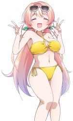 Rule 34 | .live, 1girl, bikini, blonde hair, blush, breasts, cleavage, collarbone, double v, drias, eyewear on head, fang, highres, long hair, low twintails, medium breasts, nanahoshi milily, navel, open mouth, simple background, solo, swimsuit, twintails, v, virtual youtuber, white background
