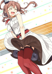 Rule 34 | 10s, 1girl, breast pocket, breasts, brown hair, commentary request, dress, dress tug, embarrassed, closed eyes, flight deck, from below, garter belt, garter straps, hair between eyes, hair ornament, kantai collection, long hair, marilyn monroe, medium breasts, open mouth, pocket, red thighhighs, saratoga (kancolle), side ponytail, sidelocks, solo, the seven-year itch, thighhighs, tomato (lsj44867), white dress, wind, wind lift