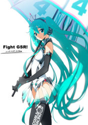 Rule 34 | 1girl, aqua eyes, aqua hair, artist name, boots, cowboy shot, crown, dated, elbow gloves, gloves, goodsmile company, goodsmile racing, hatsune miku, headphones, headset, long hair, looking at viewer, necktie, official art, race queen, racing miku, racing miku (2013), saitou masatsugu, smile, solo, thigh boots, thighhighs, twintails, umbrella, very long hair, vocaloid, white background