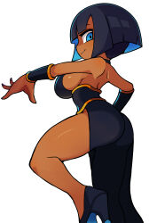Rule 34 | 1girl, alternate costume, ass, black hair, bob cut, breasts, chibi, dark-skinned female, dark skin, dress, eliza (skullgirls), from behind, hand on own hip, high heels, highres, imeni-art, large breasts, looking at viewer, looking back, outstretched arm, short hair, shoulder blades, skullgirls, smile, solo, vambraces, white background