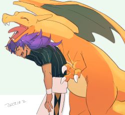 Rule 34 | 1boy, :d, champion uniform, charizard, claws, closed eyes, commentary, creatures (company), dark-skinned male, dark skin, dated, dynamax band, facial hair, from side, game freak, gen 1 pokemon, highres, leggings, leon (pokemon), long hair, lower teeth only, male focus, morio (poke orio), nintendo, open mouth, pokemon, pokemon (creature), pokemon swsh, purple hair, shirt, short shorts, short sleeves, shorts, smile, teeth, tongue, white background, white shorts