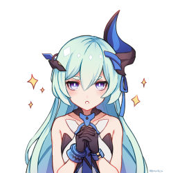 Rule 34 | 1girl, :o, absurdres, black gloves, blue dress, blue eyes, blue hair, dress, gloves, highres, hn (honyori ta), honkai (series), honkai impact 3rd, horns, liliya olenyeva, long hair, looking at viewer, open mouth, own hands together, simple background, single horn, sleeveless, sleeveless dress, solo, sparkle, white background