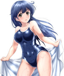 Rule 34 | 1girl, ahoge, black hair, blue one-piece swimsuit, blush, breasts, brown eyes, collarbone, competition school swimsuit, covered navel, cowboy shot, dutch angle, hair between eyes, kantai collection, large breasts, long hair, looking at viewer, one-piece swimsuit, school swimsuit, shiny clothes, simple background, solo, standing, swimsuit, towel, ushio (kancolle), wet, wet clothes, wet swimsuit, white background, white towel, zanntetu