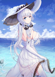 Rule 34 | 1girl, azur lane, backless dress, backless outfit, bare shoulders, black ribbon, blue eyes, blue sky, breasts, cloud, cowboy shot, dress, from side, garter straps, hair ribbon, hat, illustrious (azur lane), lace, lace-trimmed dress, lace-trimmed headwear, lace trim, large breasts, long hair, looking at viewer, looking to the side, ocean, ribbon, see-through, see-through dress, skirt hold, sky, sleeveless, sleeveless dress, solo, strapless, strapless dress, sun hat, thighhighs, tmtl aos, tress ribbon, two-tone headwear, water, white dress, white hair, white hat, white thighhighs