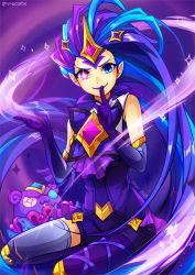 Rule 34 | 1girl, 2019, artist name, black gloves, blue eyes, elbow gloves, gem, gloves, green hair, hair ornament, heterochromia, index finger raised, league of legends, looking at viewer, magic, multicolored hair, official alternate costume, pink background, pink eyes, pointy ears, purple hair, purple lips, single leg pantyhose, single thighhigh, smile, star-shaped pupils, star (symbol), star guardian (league of legends), star guardian zoe, stuffed toy, symbol-shaped pupils, thighhighs, vmat, zoe (league of legends)