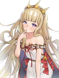 Rule 34 | 1girl, absurdres, bare shoulders, blonde hair, blush, breasts, cagliostro (granblue fantasy), collarbone, dress, finger to own chin, granblue fantasy, highres, long hair, looking at viewer, nezuko, off-shoulder dress, off shoulder, parted lips, purple eyes, simple background, small breasts, tiara, very long hair, white dress