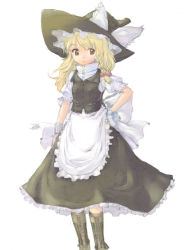 Rule 34 | 1girl, apron, arm at side, black hat, black skirt, black vest, blonde hair, boots, bow, braid, buttons, cross-laced footwear, dress shirt, female focus, frilled apron, frills, gloves, hair bow, hand on own hip, hat, hat bow, high collar, kirisame marisa, lace-up boots, long hair, nametake, popped collar, shirt, short sleeves, simple background, skirt, solo, standing, touhou, vest, waist apron, white apron, white background, white bow, white gloves, white shirt, witch hat