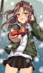 Rule 34 | 1girl, black skirt, box, brown eyes, commentary request, cowboy shot, drawstring, foreshortening, green jacket, heart, high ponytail, highres, hood, hooded sweater, hoodie, jacket, kantai collection, long hair, looking at viewer, natsu narumi, open mouth, pleated skirt, ponytail, skirt, smile, solo, standing, sweater, white sweater, zuihou (kancolle)