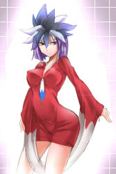 Rule 34 | 1girl, between thighs, breasts, devil survivor, dress, feathers, female focus, fingernails, grid, hair ornament, headdress, hip focus, kuzuryuu amane, light, light smile, long image, long sleeves, looking at viewer, outstretched arm, purple eyes, purple hair, red dress, red skirt, segami daisuke, short dress, short hair, sketch, skirt, sleeves past wrists, smile, solo, standing, tall image, thighs