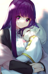 Rule 34 | 2girls, capelet, closed eyes, closed mouth, collar, commentary request, dappled sunlight, day, elf, eyes visible through hair, fern (sousou no frieren), frieren, frilled collar, frills, highres, hug, long hair, long sleeves, looking at viewer, multiple girls, pointy ears, purple eyes, purple hair, shirt, skirt, sleeping, sousou no frieren, sunlight, tai (e3d1p), white capelet, white hair, white shirt, white skirt