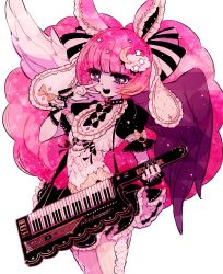 Rule 34 | 1girl, :d, animal ears, bad id, bad pixiv id, big hair, black nails, bracelet, copyright request, cowboy shot, dress, fake animal ears, fingernails, frilled dress, frills, from side, hair ornament, hand up, holding, holding instrument, instrument, jewelry, keyboard (instrument), legs together, long fingernails, long hair, looking at viewer, mamaloni, nail polish, narrow waist, navel, open mouth, pantyhose, pink hair, puffy short sleeves, puffy sleeves, rabbit ears, see-through, see-through legwear, sharp teeth, short sleeves, show by rock!!, simple background, smile, solo, spiked bracelet, spikes, standing, striped clothes, striped pantyhose, teeth, upper teeth only, v, vertical-striped clothes, vertical-striped pantyhose, very long hair, white background, wings, wristband
