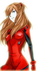 Rule 34 | 00s, 1girl, backlighting, bad id, bad pixiv id, blue eyes, bodysuit, bracer, breasts, brown hair, cowboy shot, evangelion: 2.0 you can (not) advance, from side, gloves, hair ornament, hair over eyes, hair over one eye, hip focus, kaji (t69), kazamichi, light smile, long hair, looking at viewer, neon genesis evangelion, pilot suit, plugsuit, rebuild of evangelion, red hair, simple background, skinny, small breasts, smile, solo, souryuu asuka langley, turtleneck, two side up, white background