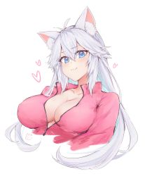 Rule 34 | 1girl, animal ears, blue eyes, breasts, cat ears, cleavage, closed mouth, collarbone, emu (confisery), fang, heart, highres, jacket, large breasts, long hair, looking at viewer, partially unzipped, silver hair, smug, solo, track jacket, vei (vtuber), vei (vtuber) (1st costume), virtual youtuber, vshojo, white background